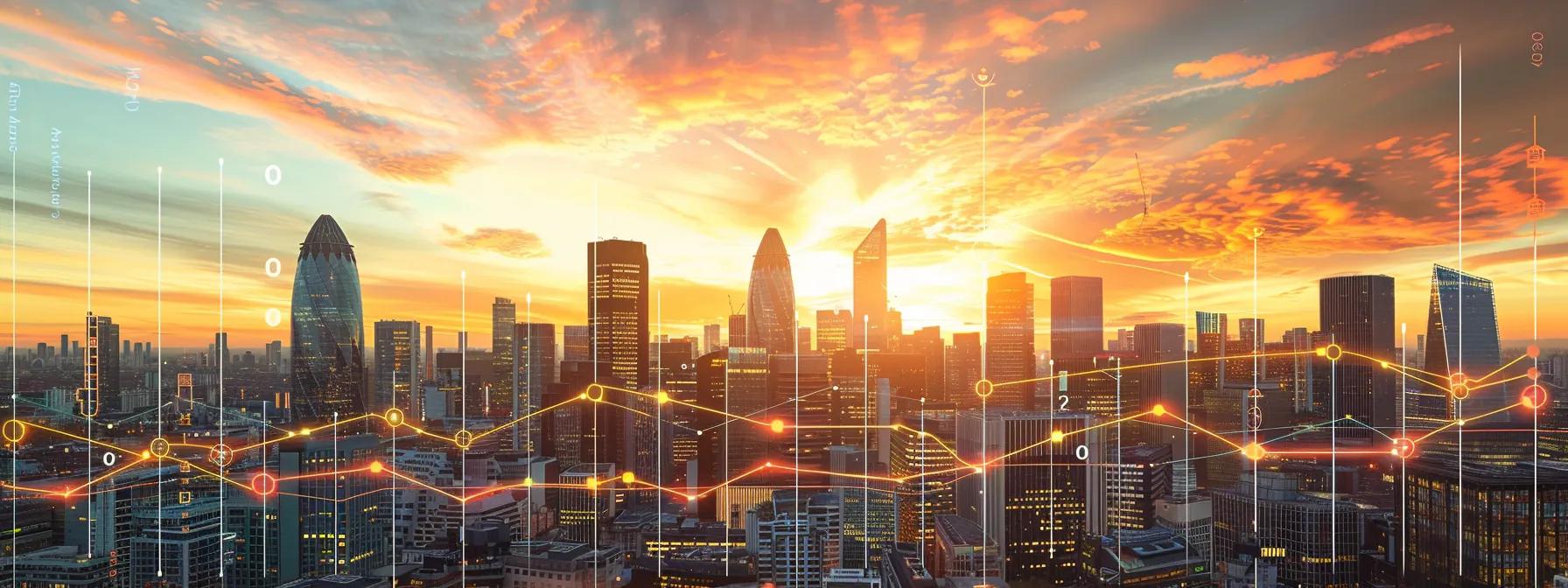 a vibrant city skyline at sunset, symbolizing growth and opportunity, with digital graphs and seo analytics subtly integrated into the clouds above.