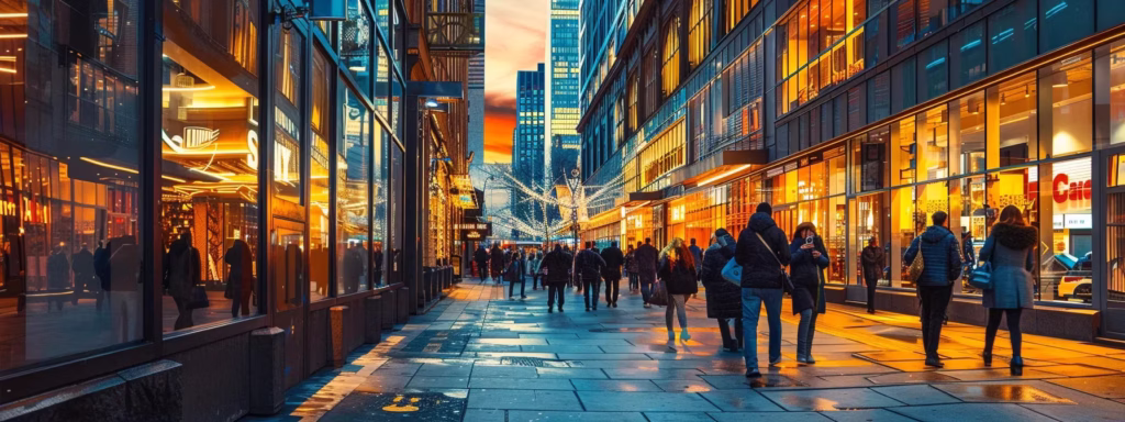 a dynamic urban landscape featuring a bustling local business district illuminated by warm evening light, showcasing vibrant storefronts and engaged passersby to symbolize the essence of effective local seo.