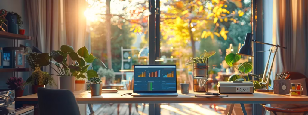 a modern workspace with a sleek laptop open to a colorful analytics dashboard, bathed in soft, natural light streaming through a large window, symbolizes the strategic focus on elevating website seo in 2025.